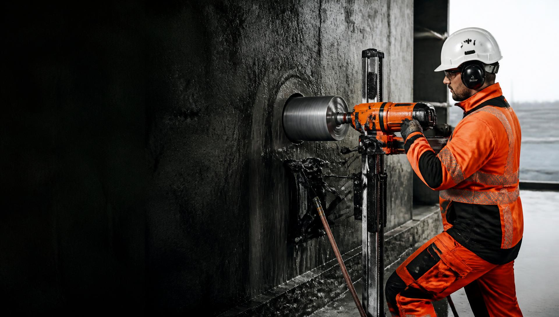 Core cutting machine drilling through concrete
